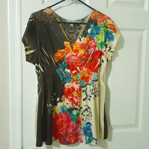Short Sleeve Floral Top with Metal Accents